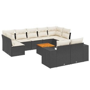 vidaXL 10 Piece Patio Sofa Set with Cushions Black Poly Rattan - Black and Cream 5x Middle 2x Corner Table - 1 of 4