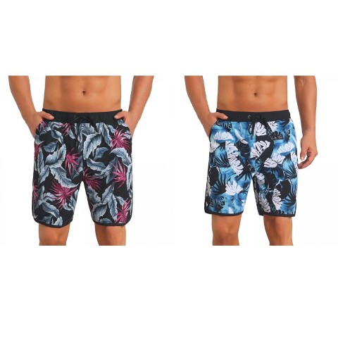 INSPIRE CHIC Men's Printed Elastic Liner Drawstring Swimming Shorts 2 Packs 1 Black Red 1 Blue White 30