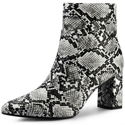 Allegra K Women's Pointed Toe Snake Print Side Zipper Chunky Heel Ankle Boots