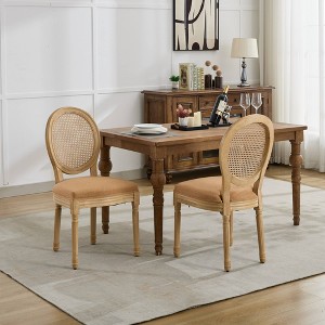 Gulches French Style Dining Chairs Set of 2, Tan Linen Upholstered Rattan Back, Solid Wood Frame with Antique Paint Finish - 1 of 4