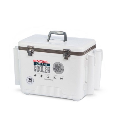 Engel 30 Quart Insulated Live Bait Fishing Dry Box 48 Can Hard Airtight  Cooler with Water Speed Aerator Pump, Removable Pull Net and 4 Rod Holders
