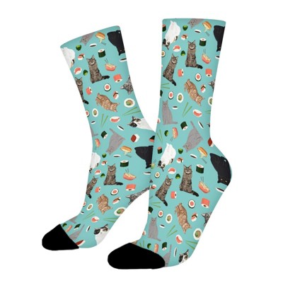 Cat Sushi Women Printed Crew Socks Funny Funky Socks Soft Polyester Novelty Gifts for Artists Men