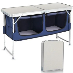 Racxily Outdoor Folding Table with Faux MDF Top Aluminum Frame, Blue Fabric Storage Cabinet Adjustable to 3 Heights Portable Camping Table - 1 of 4