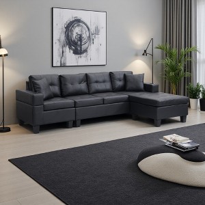 Modern 4-Seater L-Shaped Sectional Sofa, Brown PU Leather with Cup Holders - 1 of 4