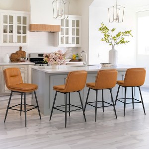 Arceso Double-Layer Upholstered Bar Stools Set of 4, 24 Inch  Armless Faux Leather Barstools Chairs with Back and Footrest, Whiskey Brown - 1 of 4