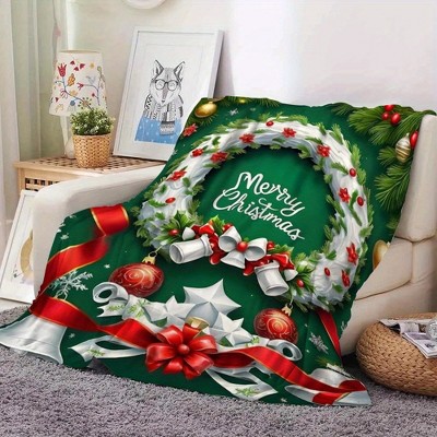1-Pack Festive Christmas Green Flannel Blanket with Wreath & Holiday, Holly Berry Snowflake Pine Garland Red Golden White on Dark Green.