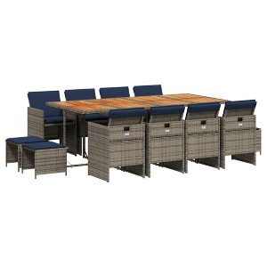 vidaXL Patio Dining Set, 12-Seater, Grey and Navy Blue, Outdoor Poly Rattan and Wood - 1 of 4