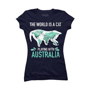 Junior's Design By Humans The World Is A Cat Playing With Australia Map By ZeusSE T-Shirt - 1 of 3