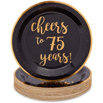 Sparkle and Bash 48 Pack Black Paper Plates for 75th Party, Cheers to 75 Years (9 In)