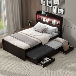 PAGED Full Size Platform Bed Modern Pine Bed Frame with Trundle, Storage Headboard and 3 Drawers for Bedroom - 1 of 4