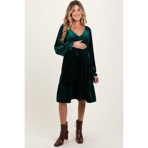 Pinkblush Forest Green Velvet Smocked Maternity Long Sleeve Dress - 1 of 4