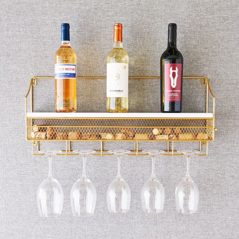 Twine Gold Wall Mounted Wine Rack, Holds 8 Standard Wine Bottles, Wood and Cast Iron, Cork Storage, Holds 5 Wine Glasses, Gold Finish, 2 of 8