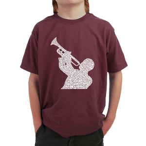 LA Pop Art Boy's Word Art T-shirt - ALL TIME JAZZ SONGS Maroon Large - 1 of 4