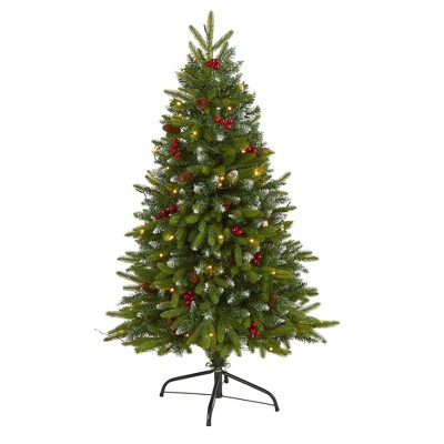 Nearly Natural 4-ft Snow Tipped Portland Spruce Artificial Christmas Tree with Frosted Berries and Pinecones with 100 Clear LED Lights