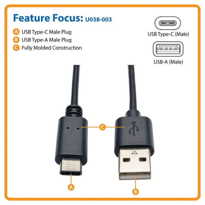 Tripp Lite A-Male to USB-C® Male USB 2.0 Cable, 2 of 4