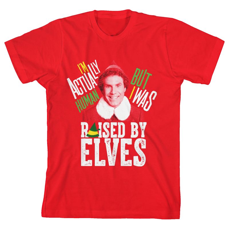 Elf Movie "I'm Actually Human But I Was Raised By Elves" Youth Red Graphic Tee, 1 of 4