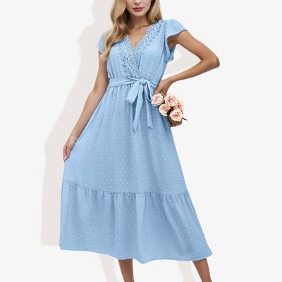 Anna-Kaci Women's V-Neck Wrap Dress with Swiss Dot Pattern and Lace Trim Detail Casual Summer Dress