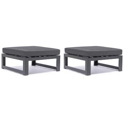 LeisureMod Chelsea Set of 2 Outdoor Patio Ottomans, Black Aluminum with Cushions, Weather-Resistant Footstools for Garden or Deck