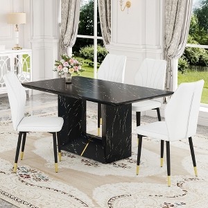 CAVINAS Dining Table Set, Black Marble Pattern MDF Dining Set, with 4 White PU Chairs, a Widened Backrest Design, Giving you a luxurious feel - 1 of 4