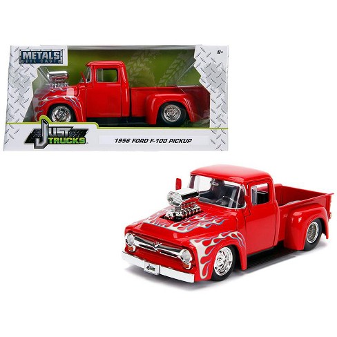 1956 Ford F 100 Pickup Truck With Blower Glossy Red With Flames Just Trucks Series 124 Diecast Model Car By Jada