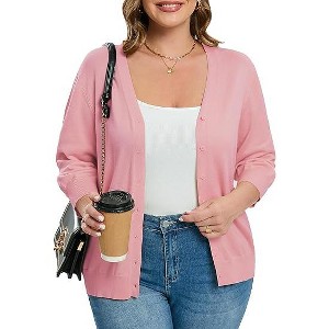 Women's Plus Size Cardigan Open Front Oversized Button Lightweight Sweaters V Neck Loose 3/4 Sleeve Cardigans Knit Outwear - 1 of 4