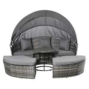 Resenkos 4 Pieces Round Rattan Daybed, Outdoor Sectional Furniture, Polyethylene Rattan, Light - 1 of 4
