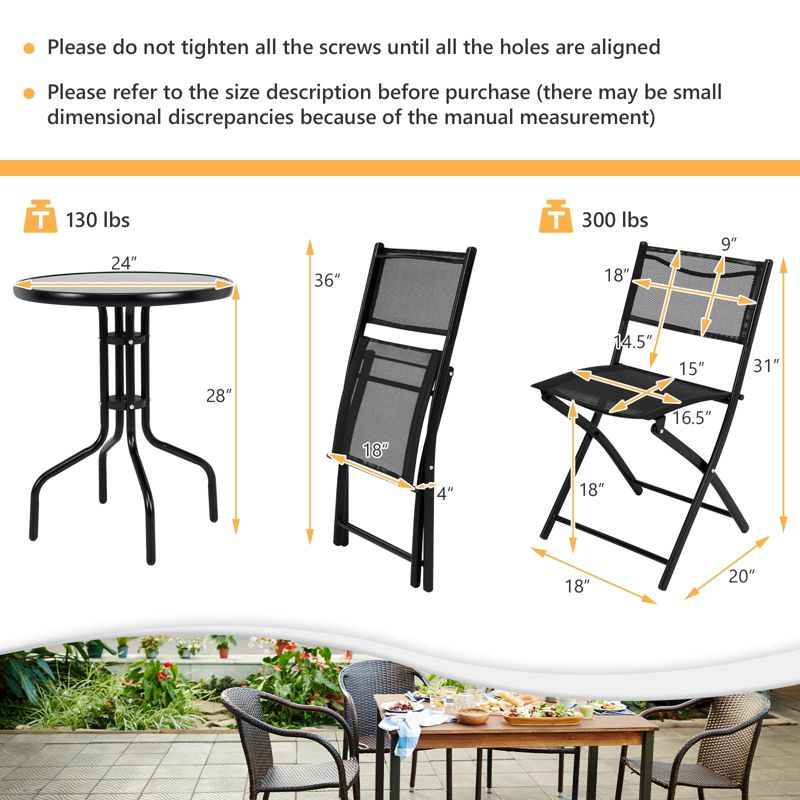 Tangkula 3-Piece Patio Bistro Dining Furniture Set, Outdoor Patio Conversation Set with Round Black Tempered Glass Tabletop and 2 Folding Chairs, 5 of 10