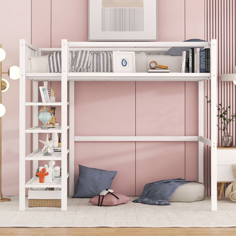 Metal Twin Size Loft Bed with 4 Shelves and Storage - ModernLuxe, 2 of 11