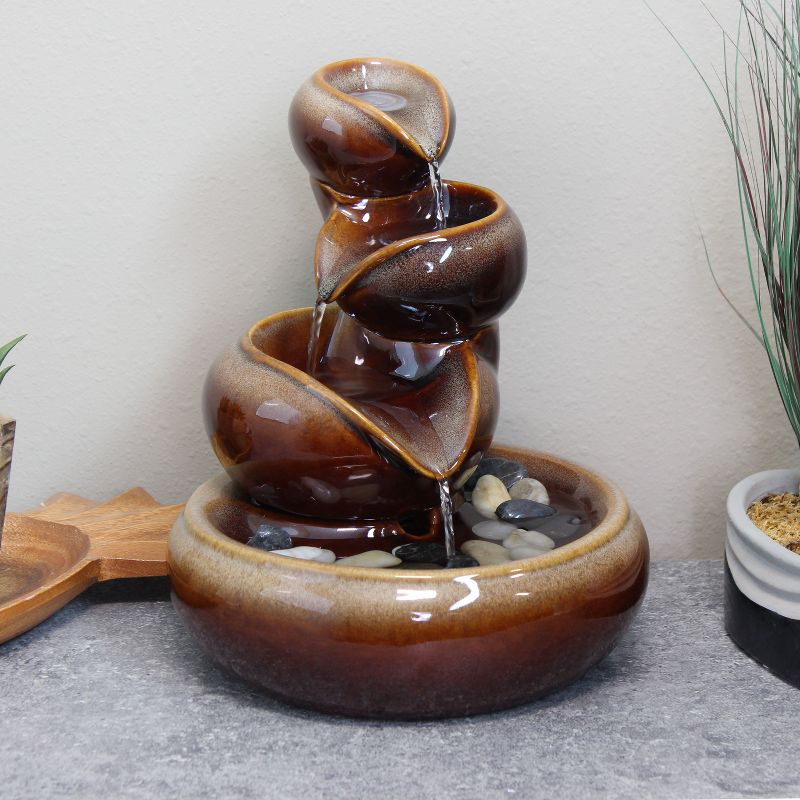 Sunnydaze Indoor Home Decorative Glazed Smooth Ceramic Tiered Vessels Tabletop Water Fountain - 10" - Brown, 3 of 12