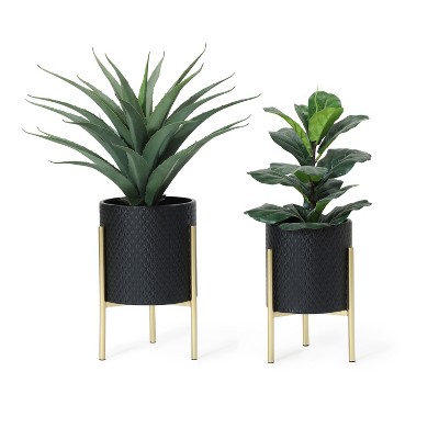 Black Diamond Pattern Metal Planter Set with Gold Stands