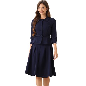 Allegra K Women's Business Office Long Sleeve Blazer Jacket Pleated Skirts 2 Piece Suit Sets Outfits - 1 of 4