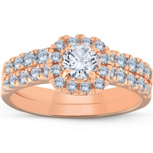 Pompeii3 1 1/4 Ct Diamond Cushion Halo Engagement Wedding Ring Set 14k Rose Gold - 1 of 4