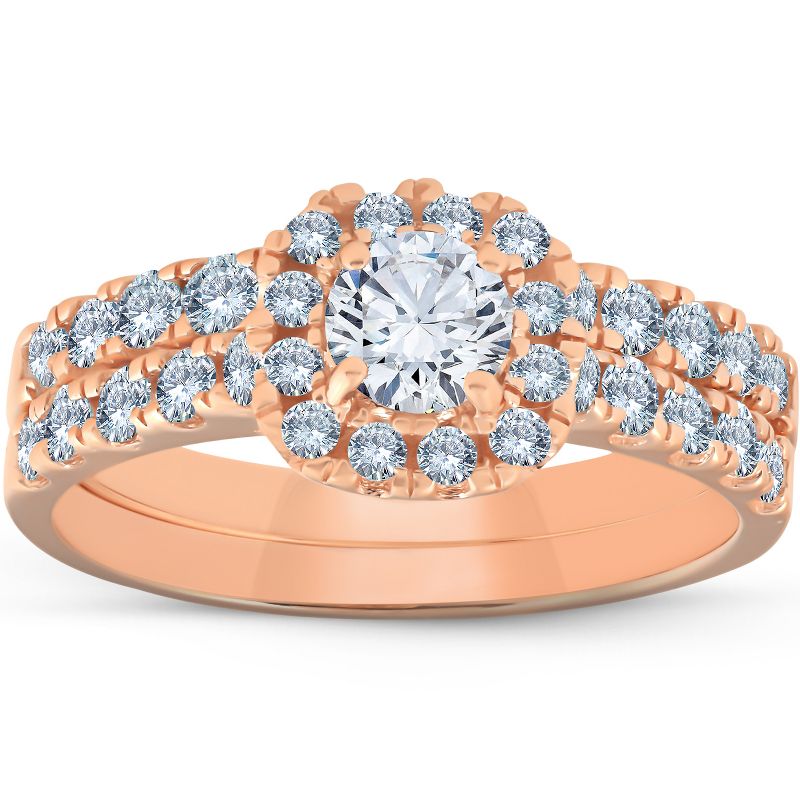Pompeii3 1 1/4 Ct Diamond Cushion Halo Engagement Wedding Ring Set 14k Rose Gold, 1 of 6