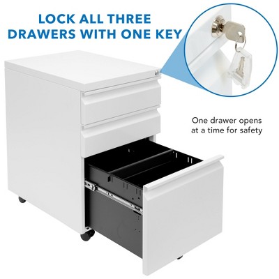 White Steel Mobile 3-Drawer Lockable File Cabinet