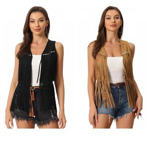 INSPIRE CHIC Women's 70s Western Open Front Faux Suede Fringe Vest 2 Packs - 1 of 4