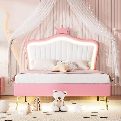 Streamdale Full Size Upholstered Bed Frame with LED Lights,Modern Upholstered Princess Bed With Crown Headboard,White+Pink