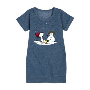 Girls' - Peanuts - Snoopy Woodstock Snowman Graphic Short Sleeve Fleece Dress - 1 of 4