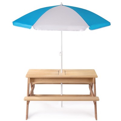 37.00"Kids Outdoor 3-in-1 Wooden Picnic Table With Umbrella, Convertible Sand & Wate,Gray