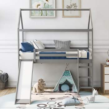 Twin Loft Bed With Slide, House Shaped Solid Wood Bed Frame With Ladder, Wood Salts Support, No Box Spring Needed