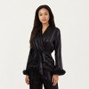 Anna-Kaci Lounge Women's 2-Piece Set Satin Wrap Long Sleeve Feather Trim Top and Straight Leg Pants - 2 of 4