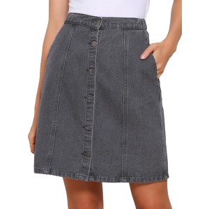 Allegra K Women's Elastic Back Short Button Down Denim Skirts with Pockets - 1 of 4