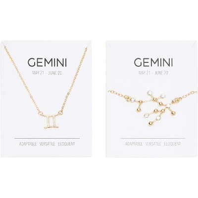 Zodaca 2 Piece Gemini Zodiac Necklace and Bracelet Jewelry Set for Women, Gold