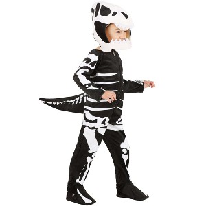 HalloweenCostumes.com Dino-mite Toddler T-Rex Skeleton Costume | Black Jumpsuit with Bone Details & Skull Headpiece - 1 of 2