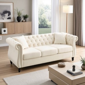 3+3 Velvet Chesterfield Sofa Set with Nailhead Trim & Pillows - 1 of 4