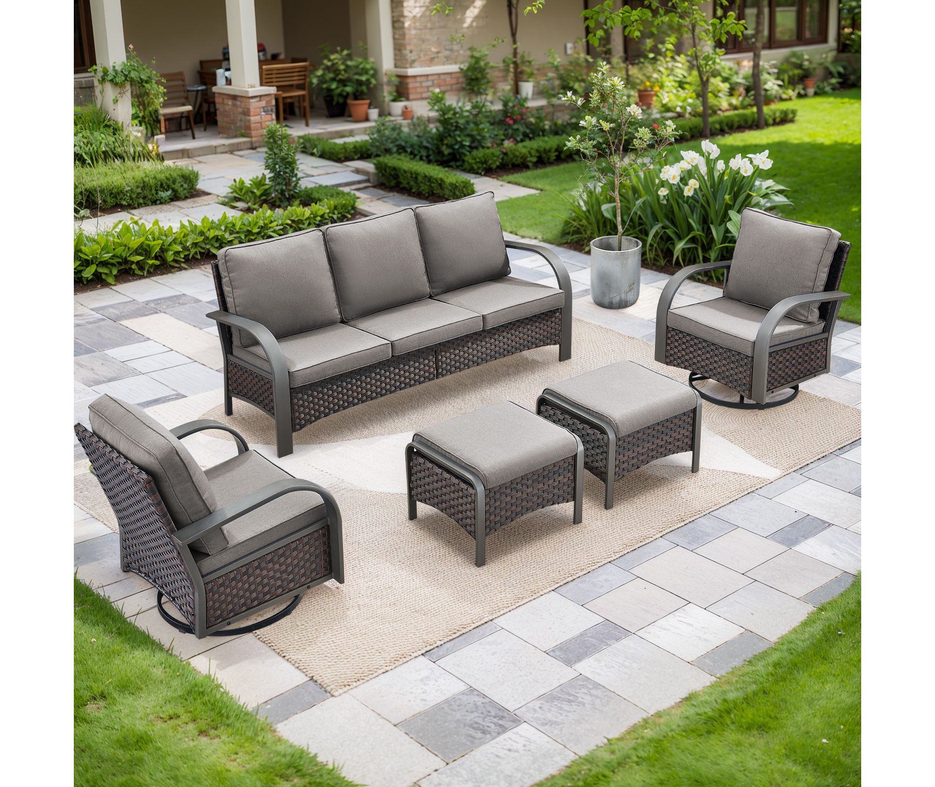 Buenhomino Outdoor Patio Furniture Set-5 Pieces All-Weather Wicker Outdoor Furniture with High Back Outdoor Swivel Rocking Chair for Garden Porch Deck