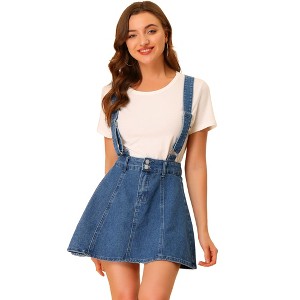 Allegra K Women's Denim A-Line Adjustable Strap Braces Mini Suspender Skirt - 1 of 4
