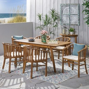 Christopher Knight Home Tamaron Outdoor Acacia Wood Expandable 7 Piece Dining Set with Cushion, Teak and Cream - 1 of 4