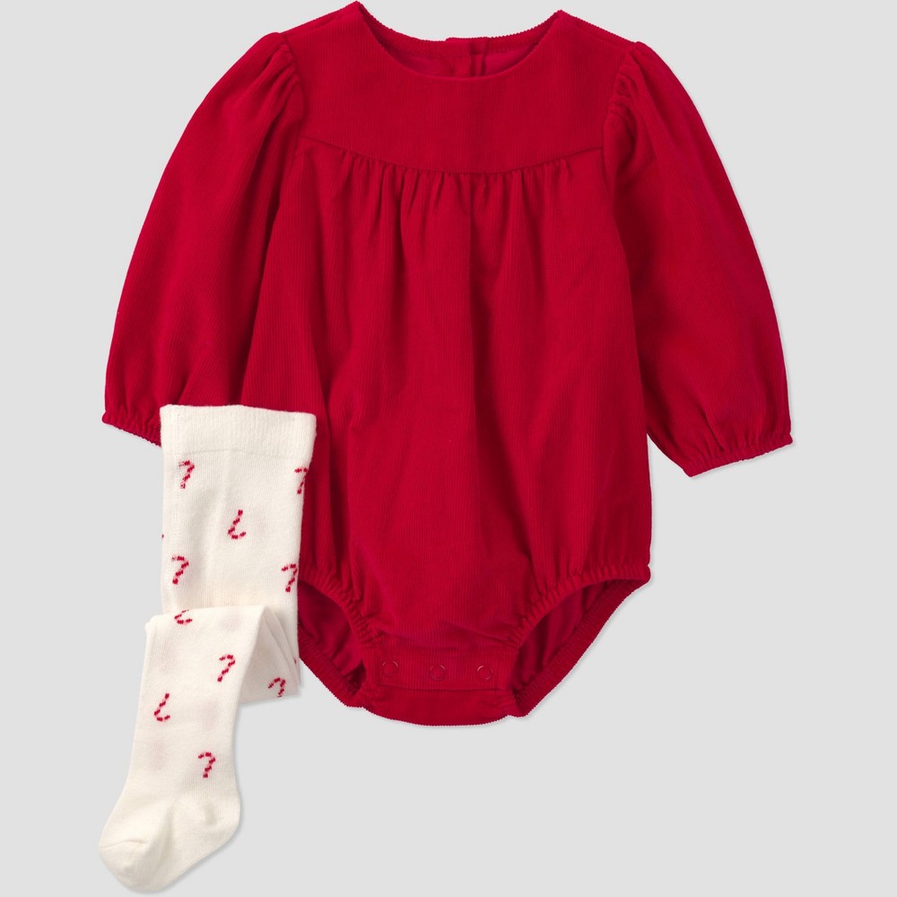 Carter's Just One You® Baby Girls' Holiday Corduroy Bubble Romper and Candy Cane Tights Set - Red Newborn