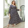 Women Plus Size V Neck Wrap Maxi Dress High Waist Ruffle Summer Casual Dress with Belt Long Sleeve,navy blue yellow flower - 3 of 4
