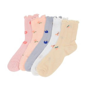 Anna-Kaci Women's 5-Pair Set Ruffle Ankle Socks with Floral Embroidery and Breathable Knit Design for Flats or Mary Janes - 1 of 4